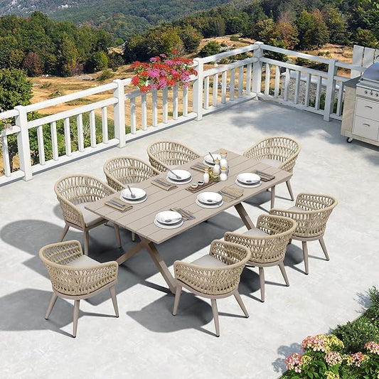 PURPLE LEAF 9 Pieces Outdoor Dining Set All-Weather PE Rattan Outdoor Patio Furniture Set with All Aluminum Frame Rectangular Table and Chairs Set for Lawn Garden Backyard Deck, Champagne