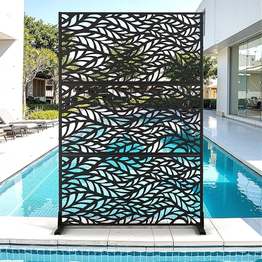 Metal Privacy Screen for Outdoor & Indoor Use, Free Standing Privacy Screen for Patio Garden Pool, 72" H x 47" W Decoative Privacy Panels, Weather Resistant, Easy Assembly (Black Spring Leaf)