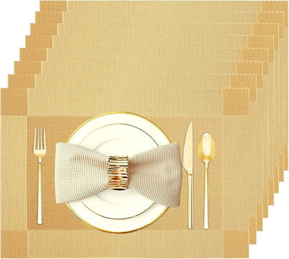 Placemats Set of 8 Washable&Wipeable Place mats for Dining Table Kitchen Indoor Outdoor Table Mats Heat Resistant Non Slip Woven Vinyl Table Placemats (Gold，8PCS)