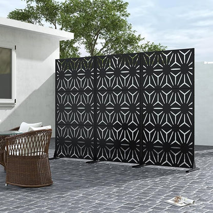 Casaphoria Metal Privacy Screen Outdoor, 72" H x 35" W Freestanding Decorative Privacy Screen for Patio Deck Balcony Garden with Stable Base, Black-Star