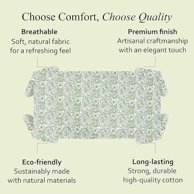 CPC Tablecloth 100% Cotton 60x90 Inch Indian Block Print Rectangle Table Cover, Washable Table Cloth for Weddings, Spring/Summer, Barbeque - Agate Green