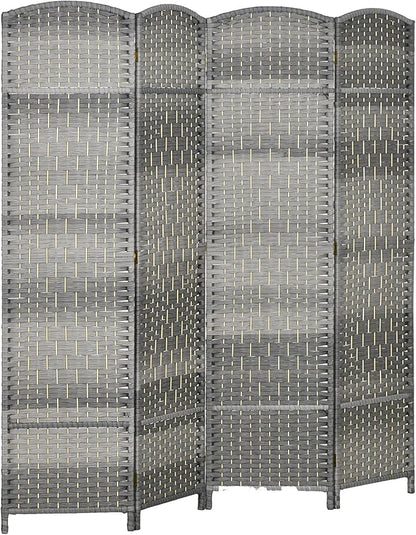 HOMCOM 4 Panel Room Divider, 6' Tall Folding Privacy Screen, Hand-Woven Freestanding Wood Partition for Home Office, Bedroom, Mixed Gray