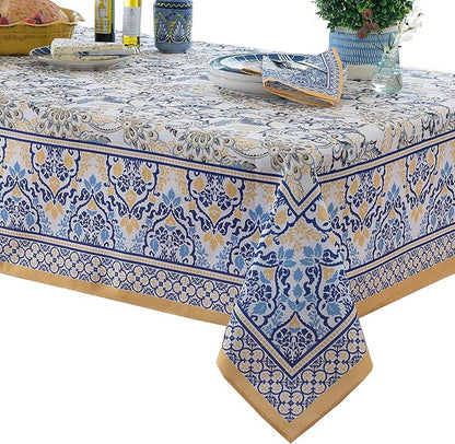 Home Bargains Plus Rectangle Fabric Tablecloth, 52 x 70 Inch, Allure Yellow and Blue Floral Bordered Print, Indoor Outdoor Stain and Water Resistant Table Cloth, Provence French Country