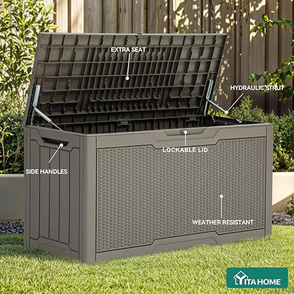 YITAHOME 80 Gallon Resin Deck Box, Weather Resistant Outdoor Rattan Storage Box, Lockable Indoor Outdoor Storage for Supplies and Essentials, Taupe