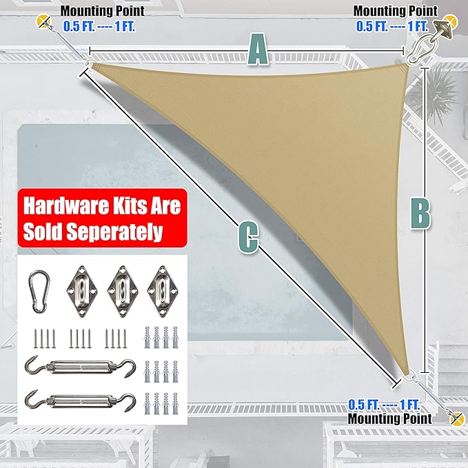Amgo Custom Size 12' x 20' x 23.3' Sand Beige Right Triangle Sun Shade Sail - Image 6
