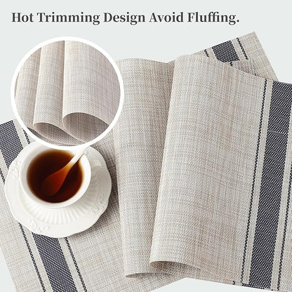Leetaltree Khaki-Blue Placemats, Heat Resistant Non-Slip Place mats for Dining Table, Washable Durable PVC Vinyl Woven Table Mats (Set of 12)