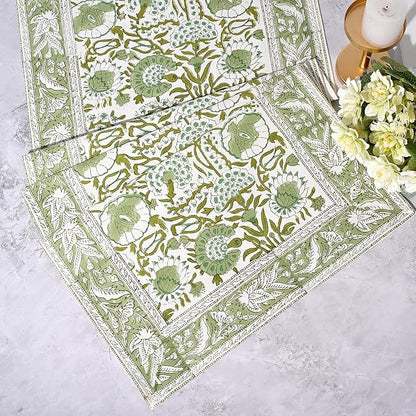CPC Cotton Table Runner 16x106 inch Block Printed Long Fall Table Runner for Dining Table, Card Table, Coffee Table, Wedding, Farmhouse & Outdoor Barbeque-Agate Green