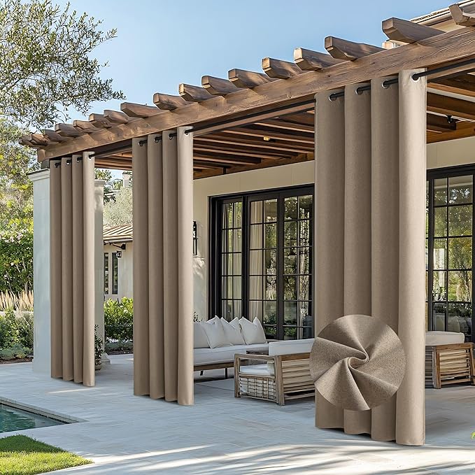 NICETOWN Outdoor Curtains for Patio Waterproof, Thermal Insulated Linen Textured 100% Blackout Outside Drapes for Gazebo, Privacy Sun Shades for Indoor, Bathroom, W52 x L96 Inch, Taupe, 2 Panels