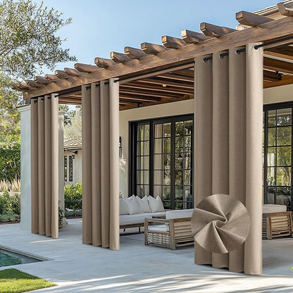 NICETOWN Outdoor Curtains for Patio Waterproof, Thermal Insulated Linen Textured 100% Blackout Outside Drapes for Gazebo, Privacy Sun Shades for Indoor, Bathroom, W52 x L96 Inch, Taupe, 2 Panels
