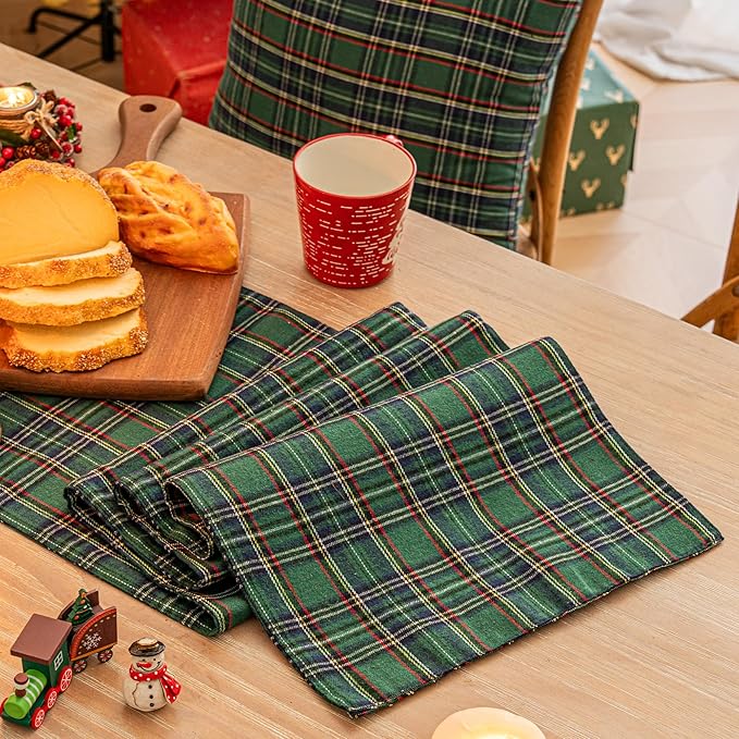 Green Blue Plaid Christmas Table Runner, Winter Holiday Table Runners 72 inches Long Xmas Decorations Indoor Outdoor Farmhouse Home Kitchen Dining Party Decor