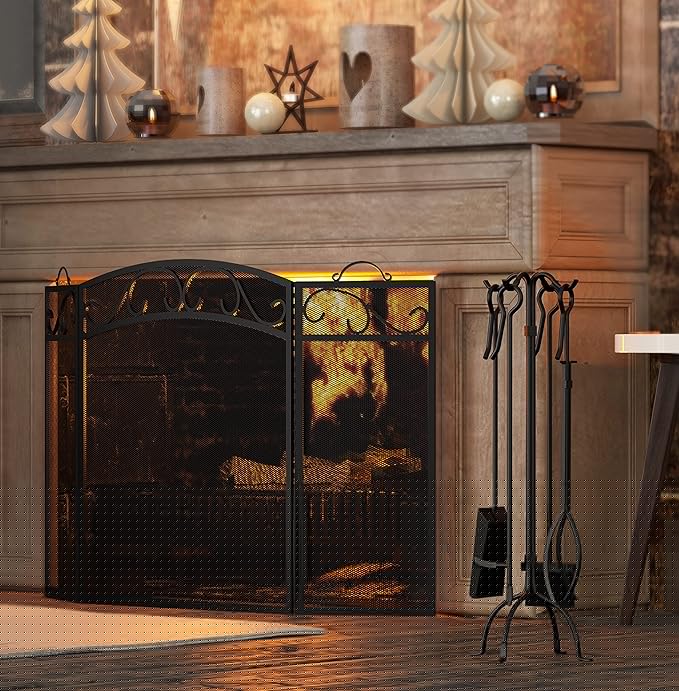 Fire Beauty Fireplace Screen 3 Panel with Handles Wrought Iron 51"(L) x31(H) Spark Guard Cover(Black)