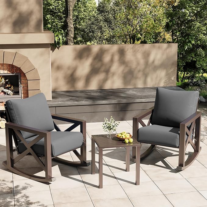 UDPATIO Rocking Chair Outdoor Oversized Metal Bistro Set 6.5" Cushion Grey | 3 - Image 2