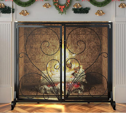 Flat Fireplace Screen with Doors,Solid Wrought Iron Frame with Metal Mesh, Flat Panel Decorative Fireplace Screen with Scroll Design, Free Standing Spark Guard