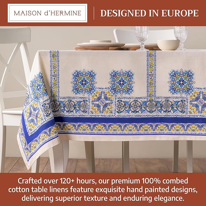 Maison d' Hermine Premium Table Cloth Rectangle Table 100% Combed Cotton 140 x 70 Inches Tablecloth Reusable Decorative for Dining Room, Farmhouse, Home, Party, Festive & Wedding - Sciacca
