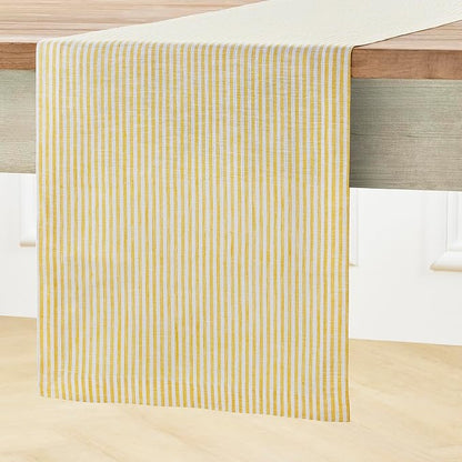 Solino Home Linen Table Runner 132 Inches Long - Narrow Stripe, 100% Pure Linen Spicy Mustard and White Table Runner 14 x 132 Inch for Dining, Spring, Easter