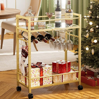 Bar Cart, Serving Cart for Home, Microwave Cart, Drink Cart, Wine Cart with 2 Mirrored Shelves, Wine Holders, Glass Holders, for Kitchen, Dining Room(Gold)