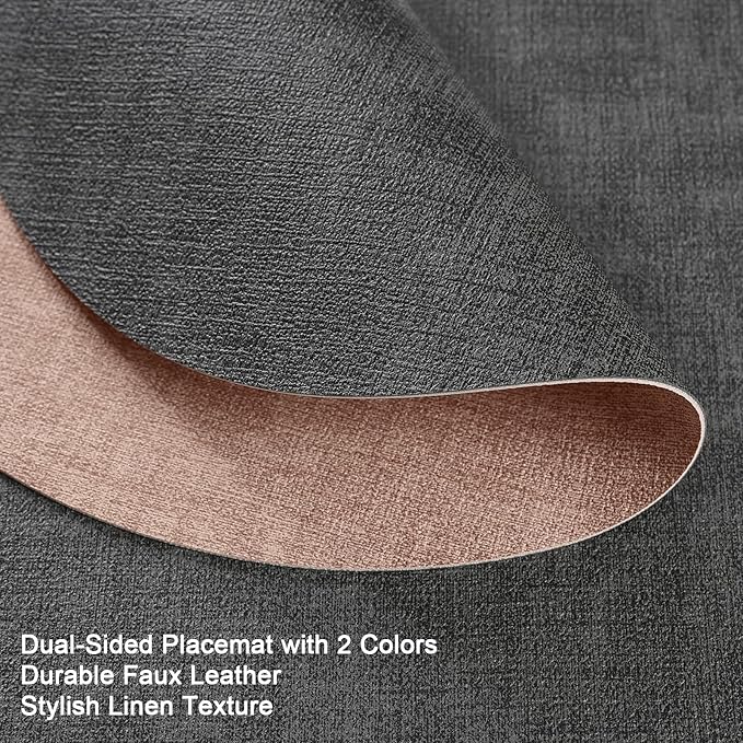 Placemats and Coasters, Washable Reversible Placemats Round Faux Leather Wipeable Place Mats Non Slip Heat Resistant Indoor Outdoor Table Mats (Set of 4, Gray Pink)