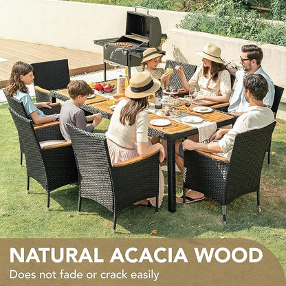 Devoko Outdoor Patio Dining Sets 9 Pieces Wicker Outdoor Dining Table and Chairs Set with Acacia Wood Table Top and Widened Armrests for Backyard, Garden, Deck (Black)