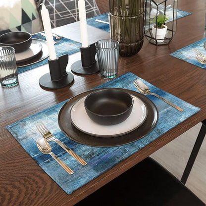 Modern Art Placemats Set of 4 Blue and Grey Abstract Painting Place Mats Washable Linen Placemat for Kitchen Dining Table Home Party Dinner Decor 18x12 Inches