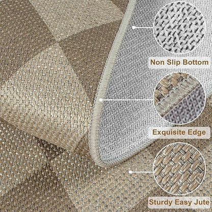 Easy Jute Brown Checkered 5x7 Area Rug, Washable Modern Rugs for Living Room Non-Slip Diamond Bedroom Rug, Neutral Farmhouse Indoor Outdoor Carpet for Patio Dining Room Classroom