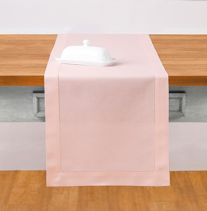 Solino Home Pink Table Runner 90 Inches Long - Cotton Linen Hemstitch 14 x 90 Inch Table Runner for Dining, Valentines, Spring, Easter