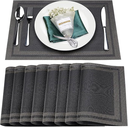 Placemats Set of 8,Washable,Heat and Stain Resistant Indoor/Outdoor Place mats,Vinyl Woven Non Slip Table Mats for Restaurant Table Protection,PVC Placemats(Black Gold 8PCS)