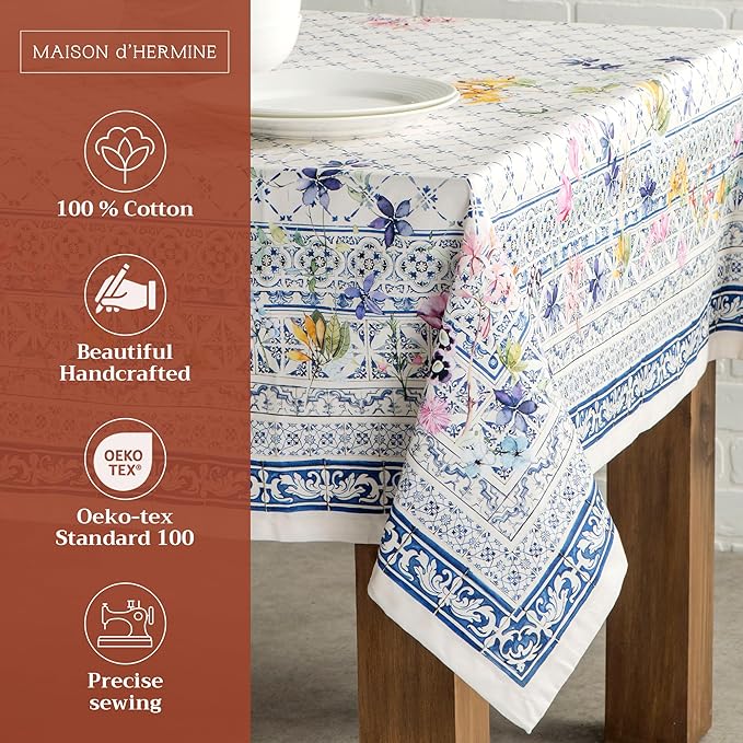 Maison d' Hermine Table Cloth Rectangle Table 100% Cotton 60 x 108 Inches Tablecloth Reusable Decorative Everyday Use for Dining Room, Farmhouse, Home, Party, Festive & Wedding Spring Summer - Faience