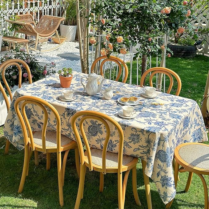 Rectangle Outdoor Tablecloth, Waterproof Table Cloth, Dining Table Cover for Farmhouse, Wedding, Dinner, Picnic - Spring/Summer, 54"x72", Beige Blue Flower