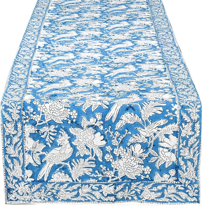 CPC Cotton Table Runner 16x90 Inch Block Printed Long Fall Table Runner for Dining Table, Card Table, Coffee Table, Wedding, Farmhouse & Outdoor Barbeque-Blue Sapphire