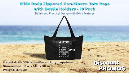 DISCOUNT PROMOS 10 Zippered Non-Woven Tote Bags Set - Customizable Text, Logo - Mesh Pocket, Zippered, Recyclable, Reusable - Black - 19"X14"X3", with Zipper