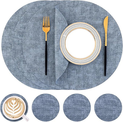 Homaxy Round Faux Leather Placemats and Coasters, Washable Dual-Side Table Mats, Wipeable Heat-Resistant Dining Place Mats for Outdoor and Indoor, Set of 4, Diameter 13 and 3.93 inch, Blue