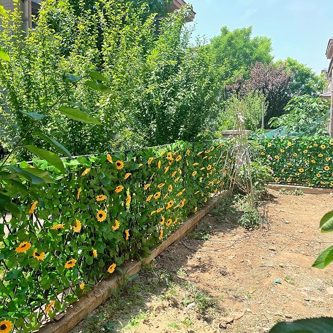 Expandable Fence Privacy Screen for Balcony Patio Outdoor,Decorative Faux Ivy Fencing Panel,Artificial Hedges (Single Sided Leaves) (1, Sunflowers)