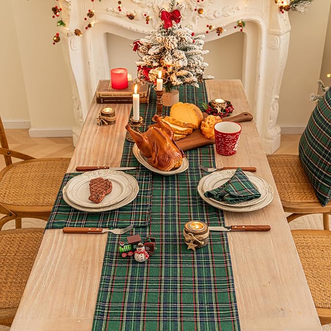Green Blue Plaid Christmas Table Runner, Winter Holiday Table Runners 108 inches Long, Xmas Decorations Indoor Outdoor Farmhouse Home Kitchen Dining Party Decor