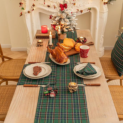 Green Blue Plaid Christmas Table Runner, Winter Holiday Table Runners 108 inches Long, Xmas Decorations Indoor Outdoor Farmhouse Home Kitchen Dining Party Decor