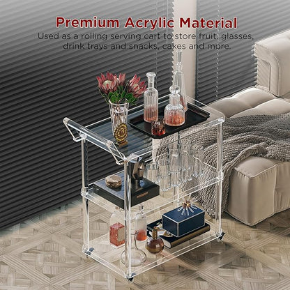 Dethan Acrylic Bar Cart with Lockable Wheels, Rolling Serving Cart with Pulling Handle, 3-Tier Clear for Home Bar, Kitchen, Living Room, Portable Beverage Space-Saving Modern Acrylic Trolley