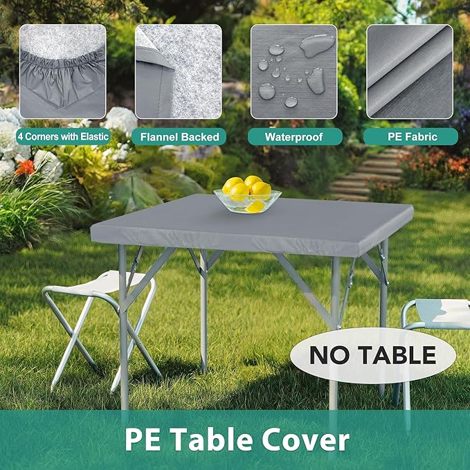 LUSHVIDA 2 Packs Vinyl Card Tablecloth with Flannel Backing 48x48 inch - Waterproof Plastic Picnic Table Cover for Square Folding Table Cloth with Elastic Corners, Light Gray