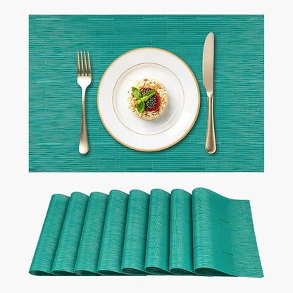 Woven Vinyl Placemats Set of 8 Wipe Clean PVC Heat Resistant Place Mats Durable Waterproof Stain Resistant Indoor Outdoor Table Mats(Turquoise)