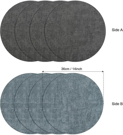 Myir JUN Round Placemats, Dual Sided Faux Leather Place Mats Set of 6 Indoor/Outdoor Non-Slip Washable Table Mats (Gray Light Blue, Set of 6)