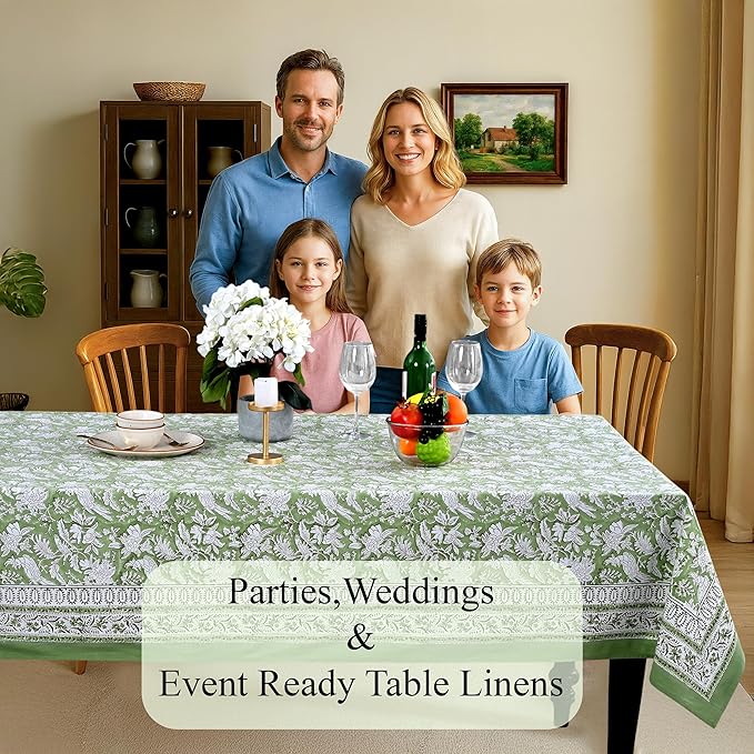 CPC Tablecloth 100% Cotton 72x190 Inch Indian Block Print Rectangle Table Cover, Green Table Cloth for Weddings, Spring/Summer, Barbeque - Olive Green