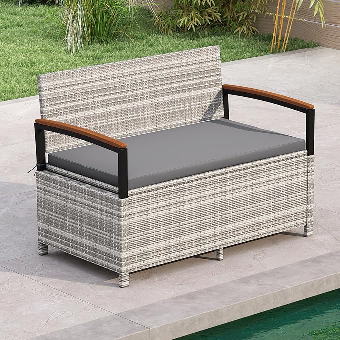 RELAX4LIFE Wicker Outdoor Storage Bench, Rattan Deck Box | 46 Gallon Mix Grey by RELAX4LIFE