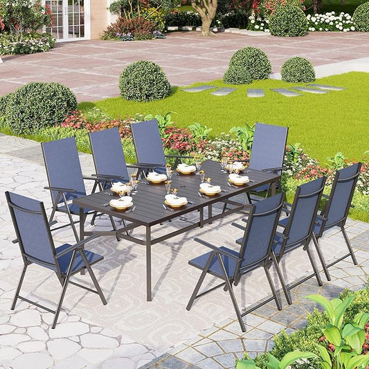 PHI VILLA 9 Piece Patio Dining Set, Patio Furniture Outdoor Dining Set with Adjustable Portable Patio Folding Chairs (Blue) & Large Patio Dining Table for Yard, Garden and Deck