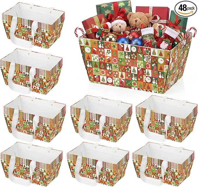 Pinkunn 48 Pcs Basket for Gifts Empty DIY Bulk Party Gift Basket Kit with Handles Market Trays for Packages Wrapping Wedding Party Anniversary Display(Red, Green,Christmas)