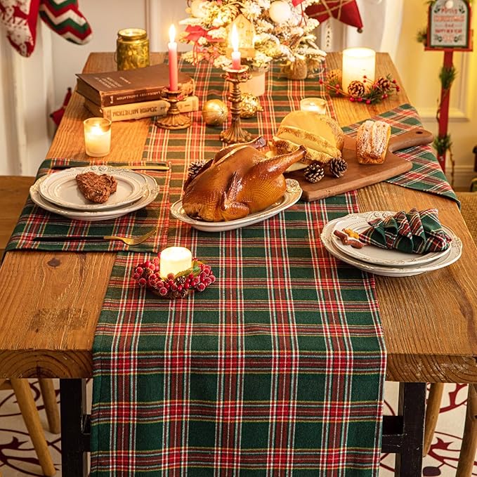 Green Red Plaid Christmas Table Runner, Winter Holiday Table Runners 36 inches Long, Xmas Decorations Indoor Outdoor Farmhouse Home Kitchen Dining Party Decor
