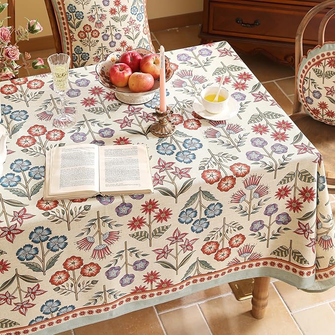 French Linen Rectangle Tablecloth,Vintage Colorful Multiple Prints Soft and Durable Tablecloths,Decor Table Cover for Kitchen,Dining,Tea Party,Thanksgiving,Christmas,55"*87"-Lohi