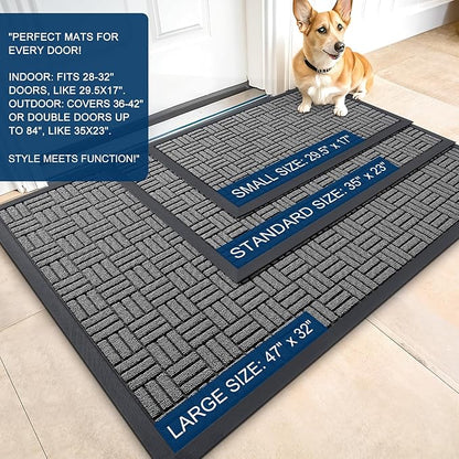 OLANLY Front Door Mat Outside Entrance 47x17, Absorbent, Heavy Duty Sturdy Natural Rubber Doormat Indoor Outdoor, Stain and Fade Resistant, Non-Slip Backing Low Profile Floor Mat for Entryway, Grey