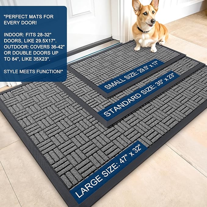 OLANLY Front Door Mat Outside Entrance 33x21, Absorbent, Heavy Duty Sturdy Natural Rubber Doormat Indoor Outdoor, Stain and Fade Resistant, Non-Slip Backing Low Profile Floor Mat for Entryway, Grey