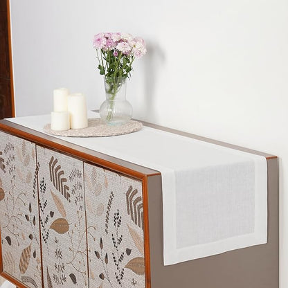 D'Moksha Homes Linen White Table Runner 120 Inches Long - 100% Pure Linen Dining Table Runner 14 x 120 Inch for Valentines, Holiday - Machine Washable