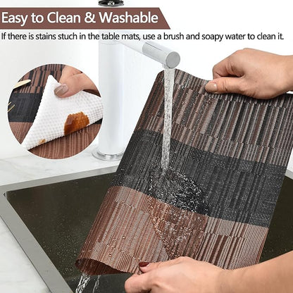 SLKQG Brown Placemats Set of 4 - Easy Clean Modern Durable Washable Vinyl Place Mats - Heat Resistant Placemats for Kitchen Table - PVC Table Mats for Dining Table (Brown Black, 4)
