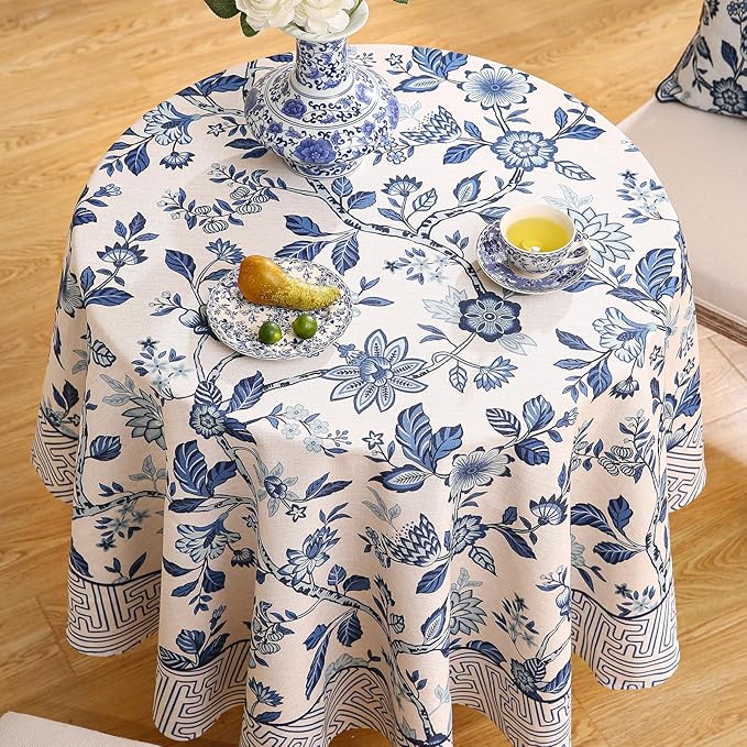 Vintage French Linen Small Round Tablecloth,Blue and White Floral Soft Tablecloths,Decorative Table Cover for Kitchen,Dining,Tea Party,Thanksgiving,Christmas,Diameter 55"-Suqing