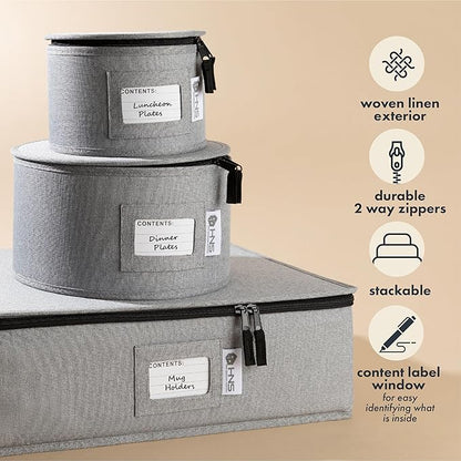 China Storage Hard Shell Containers 5-Piece Set Moving Boxes for Dinnerware, Glasses, Plates, Mugs and Saucers Sturdy Dish Organizer with Dividers for Seasonal Storage - Service for 12 - Gray